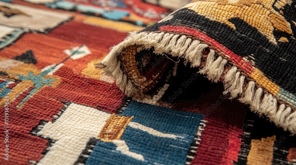 Poster close-up view of a colorful handwoven textile with intricate patterns and textures, showcasing craft