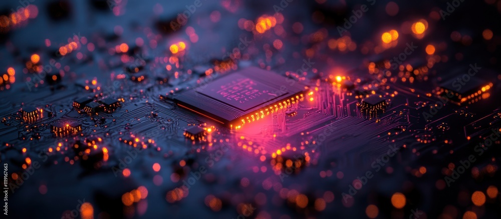 Poster close up of a computer chip glowing on a circuit board.