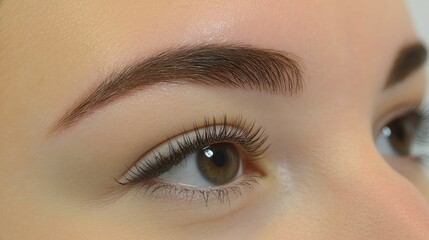 Close-Up View of Woman's Eye with Well-Defined Eyebrow and Lush Eyelashes, Highlighting Natural Beauty and Subtle Makeup Techniques