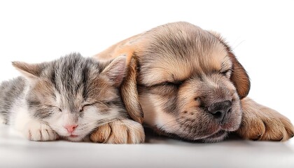 Obraz premium Kittens and puppies sleeping next to each other on a white background.