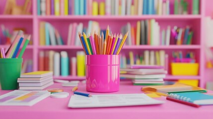Fototapeta premium Bright and Colorful Study Space Featuring a Pink Container Filled with Pencils Surrounded by Office Supplies and Books on a Vibrant Pink Background