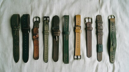 Collection of Various Watch Straps Displayed Horizontally on a Light Textured Background Showcasing Different Materials, Colors, and Styles for Accessories Enthusiasts