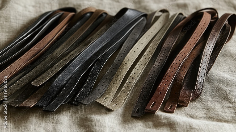 Poster assorted leather straps in various colors and textures spread on soft fabric surface for crafting an