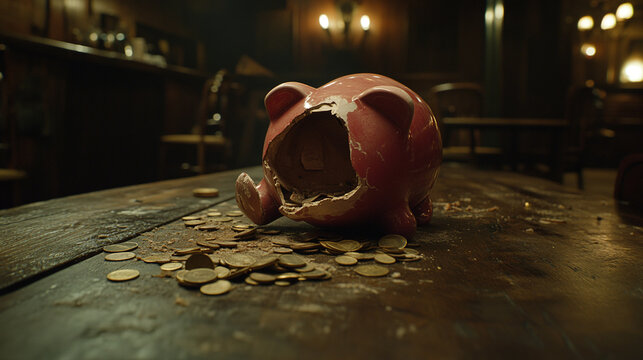 Broken piggy bank with coins scattered around, symbolizing financial struggle and the need for careful budgeting and saving.
