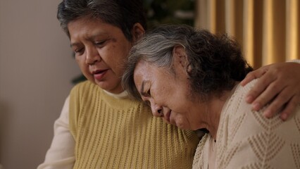 Fototapeta premium Two Concerned senior Women Looking at Phone, moment of friendship and caring.