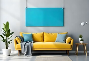 A yellow sofa with gray pillows in a room with a teal blue wall decorated with abstract art and bright sunlight coming through the large window