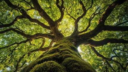 Ancient Mossy Oak Tree: A Majestic View from Below