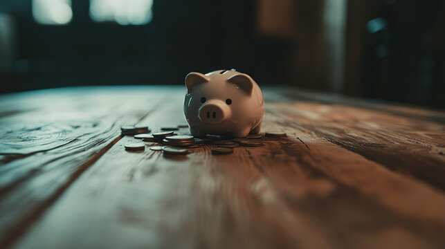 Broken piggy bank with coins scattered around, symbolizing financial struggle and the need for careful budgeting and saving.