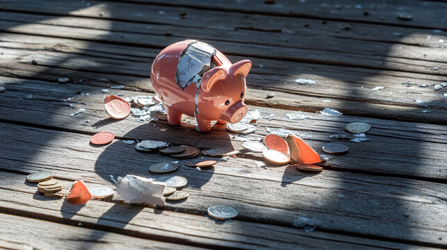 Broken piggy bank with coins scattered around, symbolizing financial struggle and the need for careful budgeting and saving.