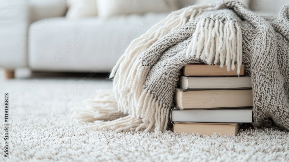 Poster cozy and inviting home atmosphere featuring stacked books and soft blanket on plush carpet with mode