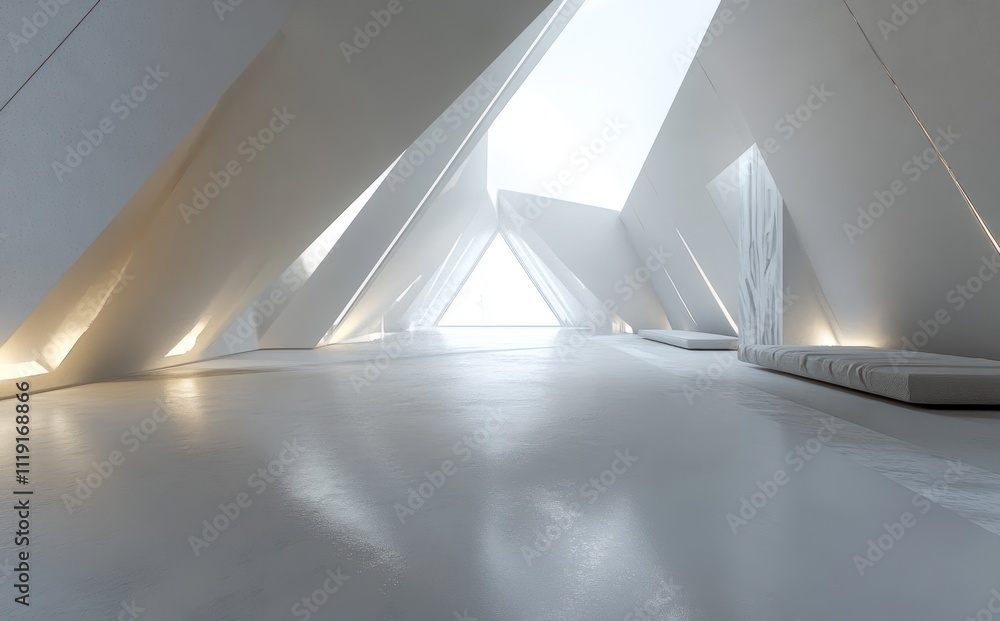 Aufkleber minimalist white architecture interior with triangular design and soft lighting.