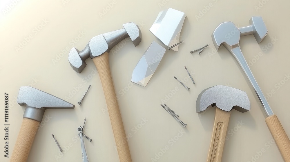Poster a collection of various hammers and nails arranged artistically on a surface.