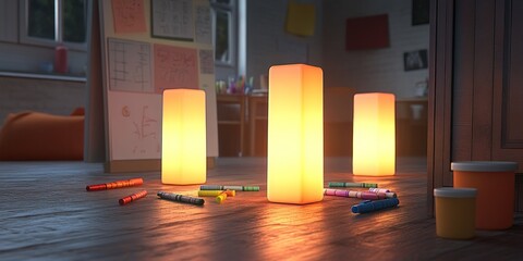 A cozy room with glowing candles and scattered art supplies on the floor.