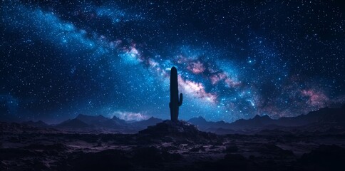 Fototapeta premium Majestic Desert Cactus Under Milky Way Galaxy Night Sky