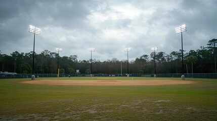 Empty baseball field under dramatic sky with overcast clouds and bright stadium lights illuminating the infield and outfield area in a serene sports environment
