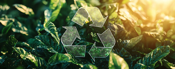 Obraz premium Recycling symbol over lush green plants in sunlight 