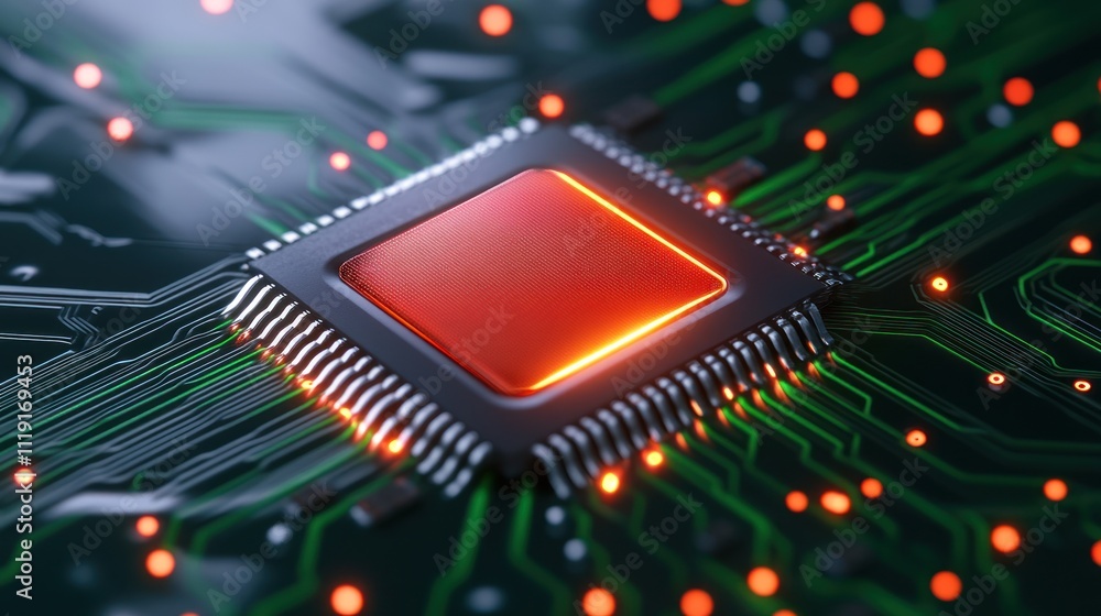 Aufkleber close-up of a glowing microchip on a circuit board.