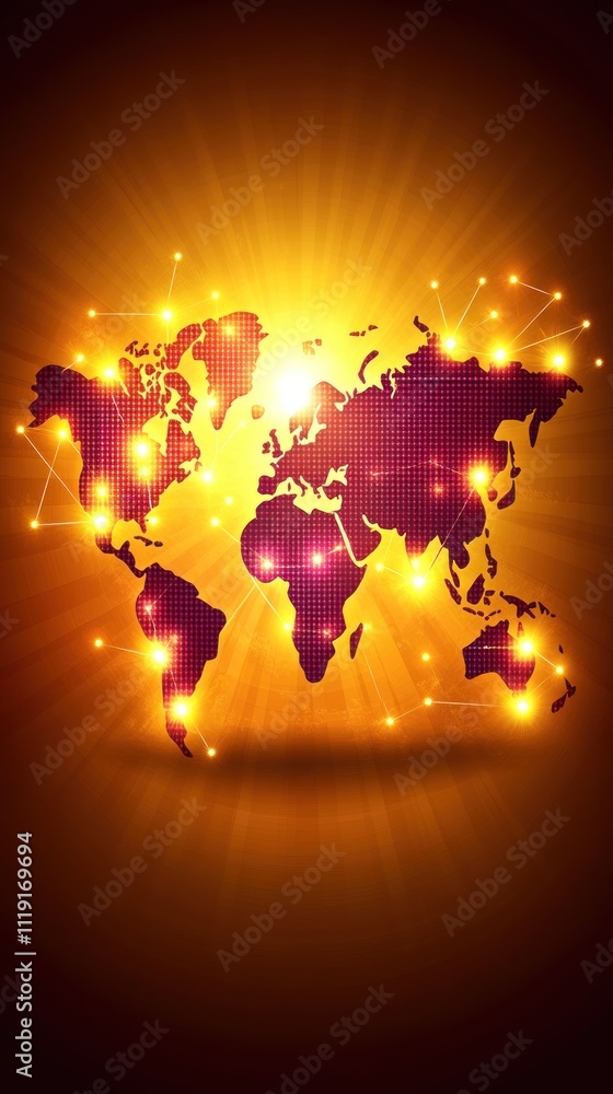 Poster a glowing world map with connected nodes, symbolizing global connectivity and networks.
