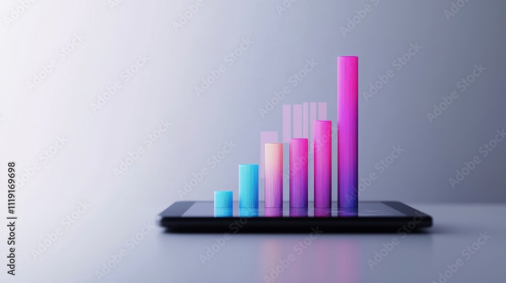 Poster a digital tablet displays colorful bar graphs, representing data analytics and growth in a modern, s