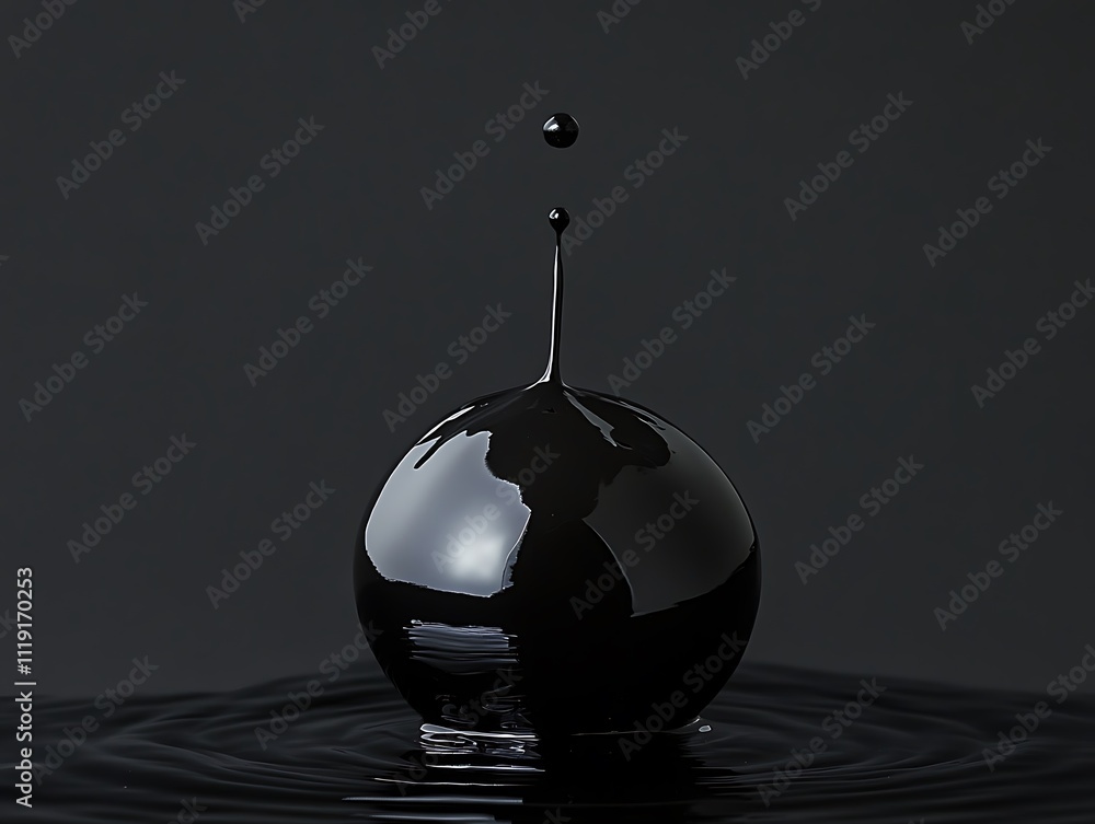 Poster black liquid drop splashing on a dark sphere, creating concentric ripples.
