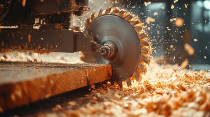 Closeup of a circular saw cutting a wooden plank in a factory, sawdust flying through the air.