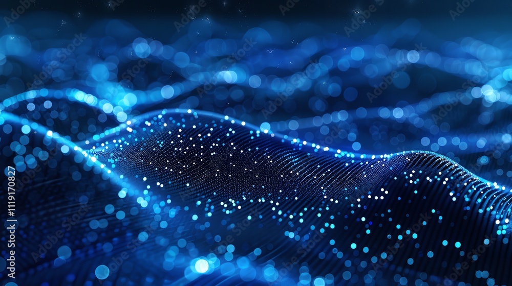 Poster digital wave: glowing blue points and lines creating a futuristic landscape.