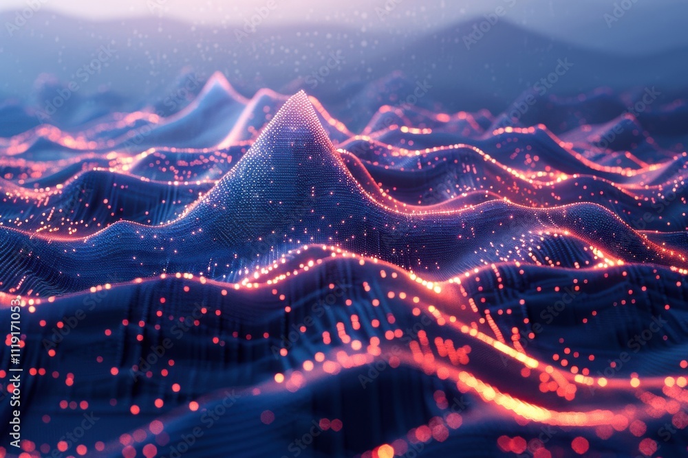 Poster conceptual image of a digital mountain range with algorithmic patterns and glowing data points, illu