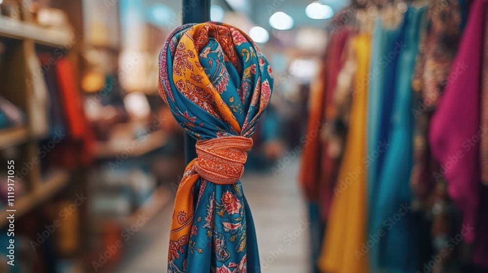 Poster colorful fabric scarf displayed in a vibrant market setting with various textiles in soft focus back