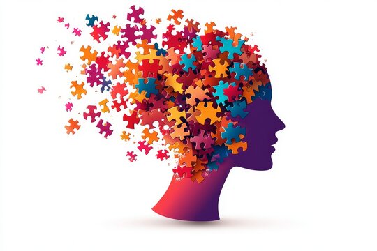 Colorful profile silhouette of an open head with puzzle pieces spilling out, symbolizing diverse thinking and creativity, set against a white background.