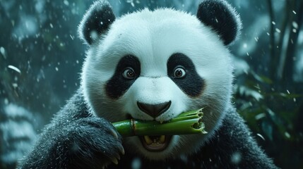 Obraz premium A Playful Panda Enjoying a Snack in the Snow