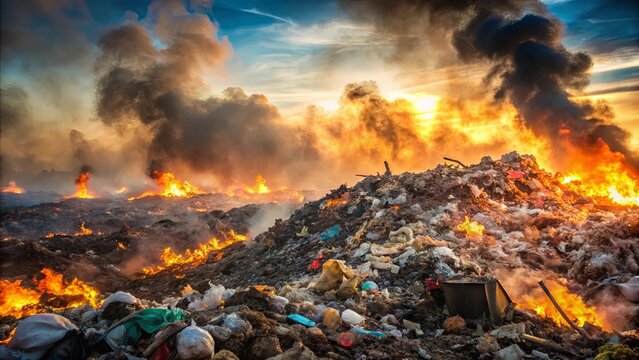 A fiery inferno consumes a mountain of discarded materials, its incandescent glow casting an ominous silhouette against the darkening sky.