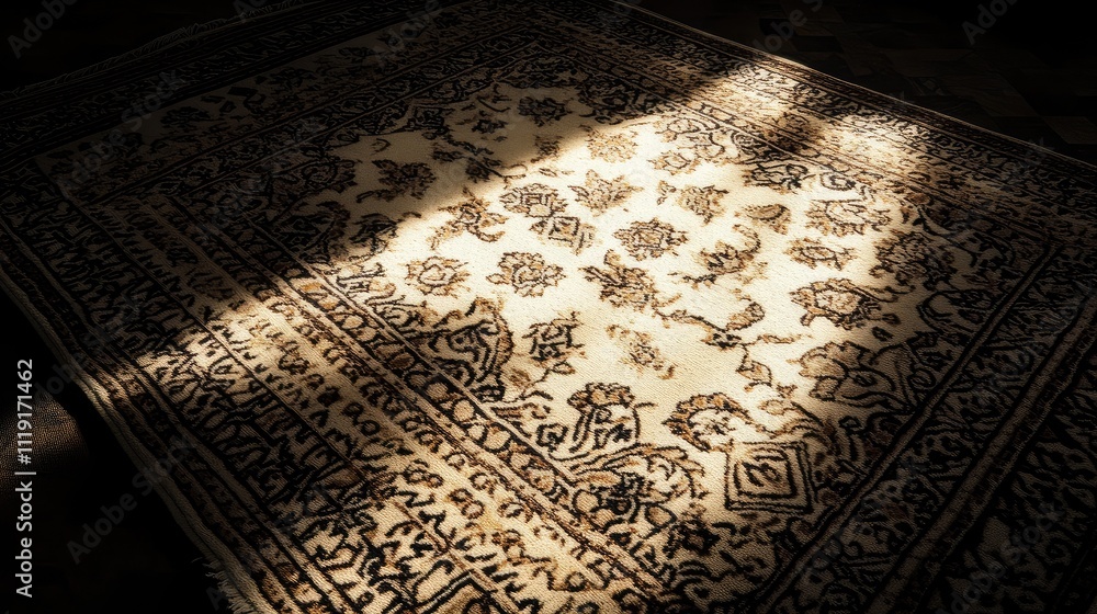 Poster elegant vintage area rug with intricate patterns and soft lighting in a cozy space highlighting text