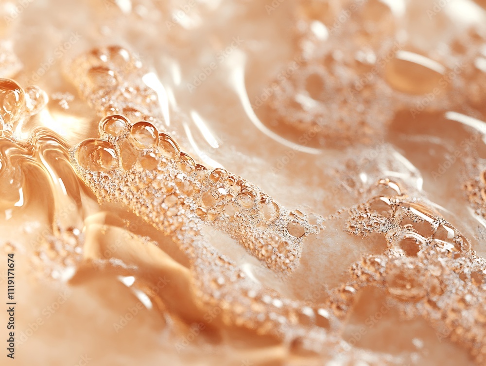Poster close-up of bubbly, translucent beige liquid with flowing texture.