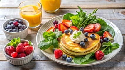 Aromatic pancakes with a dollop of fresh cream, surrounded by a colorful medley of berries, mint, and spinach on a rustic wooden table
