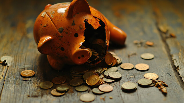 Broken piggy bank with coins scattered around, symbolizing financial struggle and the need for careful budgeting and saving.