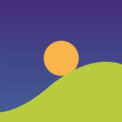 Minimalistic Landscape with Bright Orange Sun and Green Hill Illustration