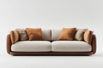 Beige sofa with brown leather base and orange pillows. Perfect for interior design, home decor, and furniture websites.