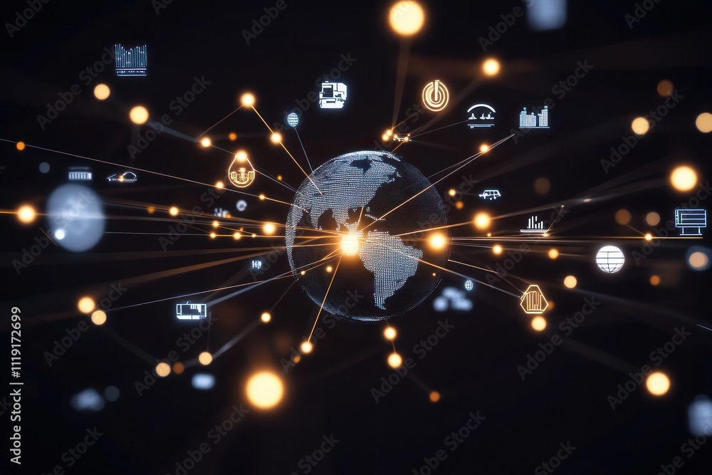Poster a digital globe surrounded by interconnected icons representing technology and data.