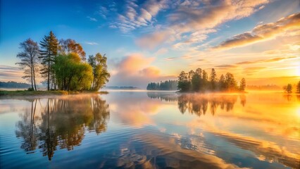 Obraz premium A tranquil lake with wispy fog, reflecting a vibrant sunrise sky, as trees stand tall on the shoreline