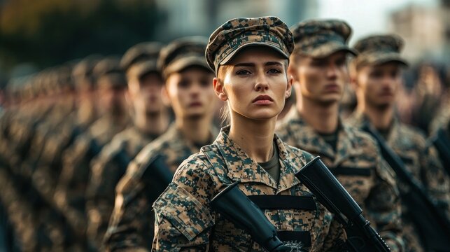 A group of military personnel in formation, marching in sync during a parade. - Powered by Adobe