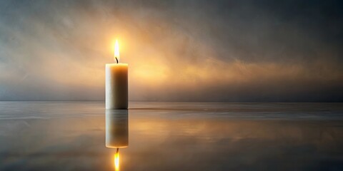 Fototapeta premium A solitary candle flame illuminates the reflective surface of a calm, still water, casting a warm glow against a backdrop of a soft, ethereal sky with subtle clouds.