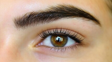 Obraz premium Close-up of a Human Eye with Prominent Eyelashes, Defined Brow, and Rich Brown Iris, Captured in Natural Lighting for Beauty and Eye Care Themes