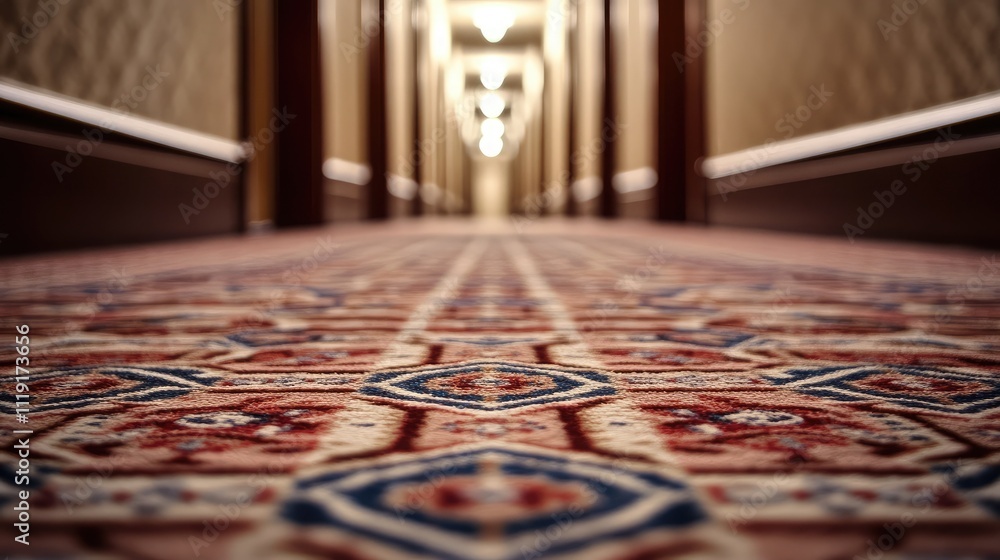 Poster Elegant Carpet Pattern in Hotel Corridor with Soft Lighting Creating a Warm and Inviting Atmosphere for Guests and Visitors Alike