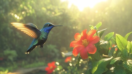 Fototapeta premium Hummingbird in flight near a red flower in a sunlit garden.