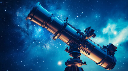 Fototapeta premium telescope under a clear night sky, capturing the stars and a glowing nebula in the distance
