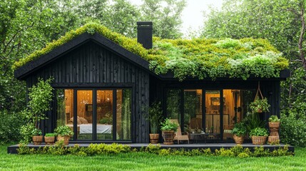 Fototapeta premium Modern cabin featuring living roof and eco-conscious design elements, blending sustainable architecture with natural surroundings
