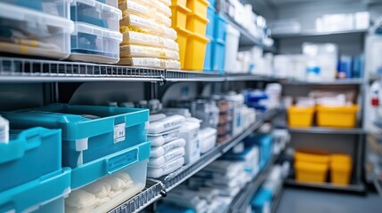 A well-organized storage room with shelves filled with medical supplies, including boxes, bags, and containers.