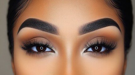 Fototapeta premium Stunning Close-Up of Beautiful Eyes with Dramatic Makeup Emphasizing Brows, Lashes, and Skin Tone for Beauty and Cosmetic Themes
