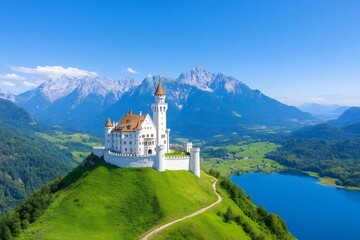 Fototapeta premium Majestic Castle Overlooking Stunning Mountain Landscape in Fairytale Setting