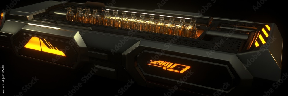 Aufkleber a futuristic device with illuminated elements, possibly a technological component or tool.